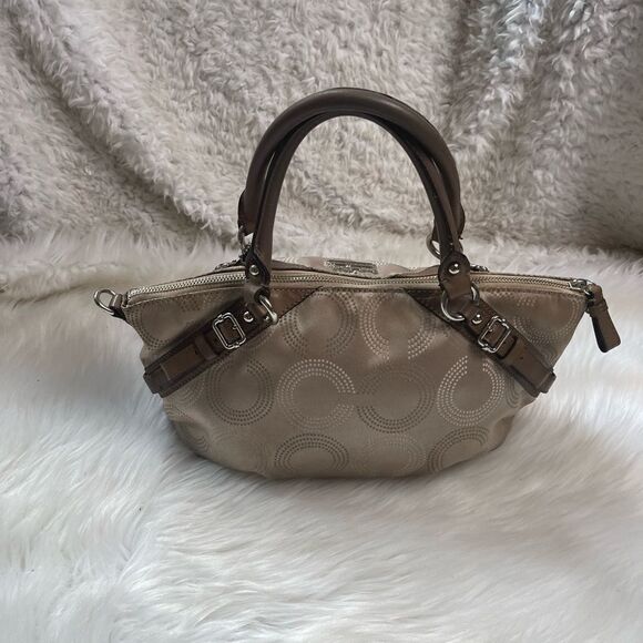 COACH MADISON DOTTED OP ART SOPHIA fabric Khaki Medium SATCHEL leather straps - Picture 5 of 15